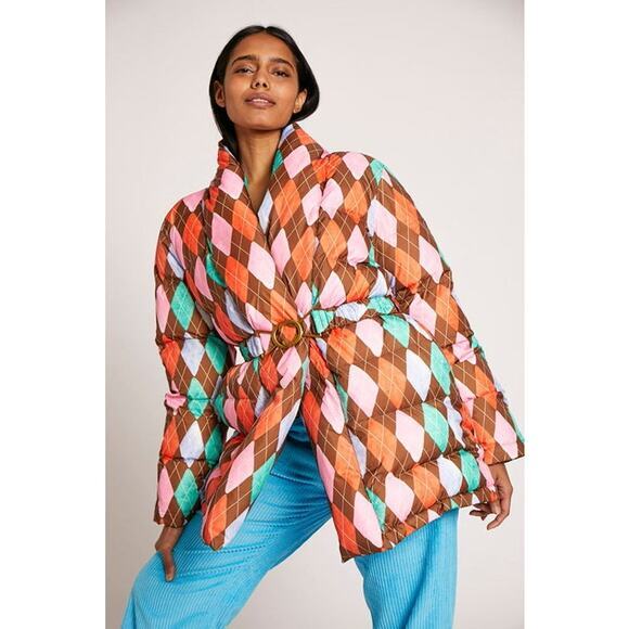 Rachel Antonoff Toni Belted Argyle Watercolor Puffer Size Small - Picture 3 of 12